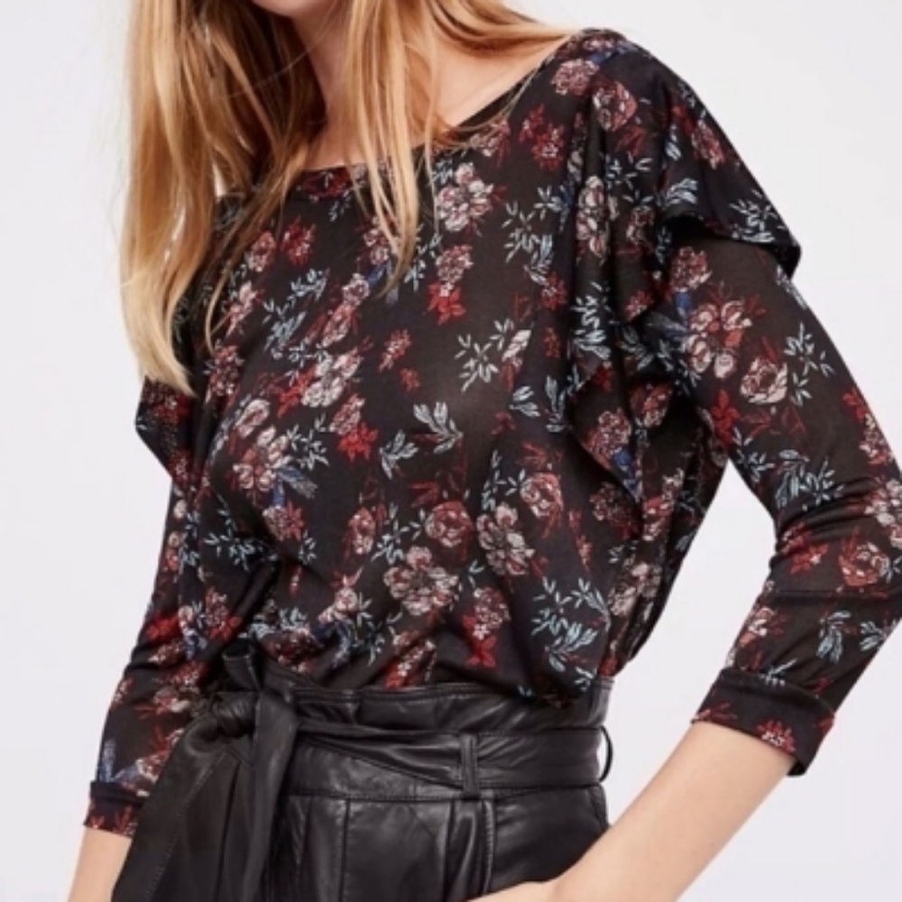 Free People Black Floral Blue Bird Ruffle 3/4 Sleeve Top